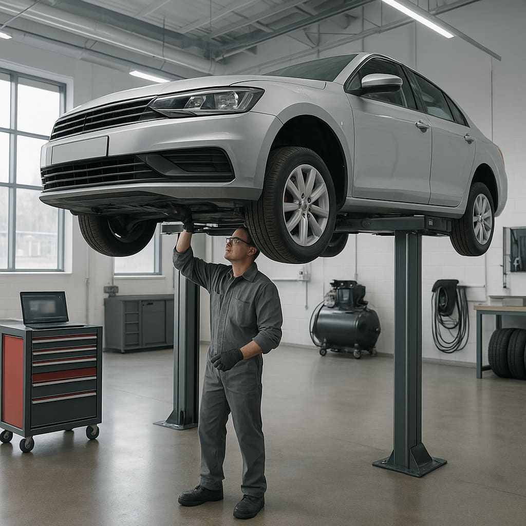 Moderne Werkstatt in Wien mit Fahrzeug auf Hebebühne